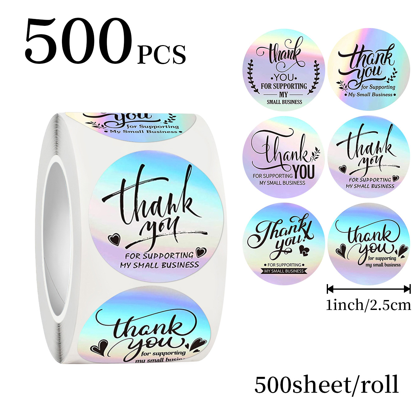 Sticker Label Roll - JCAC 500pcs/rollo Pegatinas Holográficas de Agradecimiento